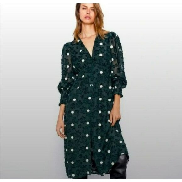 Zara Dresses & Skirts - Zara Emerald Green Sheer Textured Polka Dot Dress Medium Limited Edition